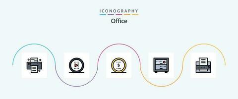 kontor linje fylld platt 5 ikon packa Inklusive . fax. mynt. skrivare. kontor vektor