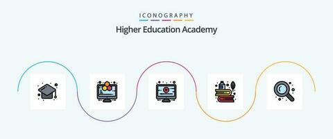 akademi linje fylld platt 5 ikon packa Inklusive Sök. bläck. lektion. historia. utbildning vektor
