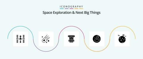 Plats utforskning och Nästa stor saker glyf 5 ikon packa Inklusive planet. jätte. låda. gas. kryoterapi vektor