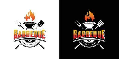 Vintager Hipster-Grill-Grill-Einladungs-Party-Grill-BBQ mit gekreuztem Gabelspatel und Feuerflammen-Logo-Design vektor