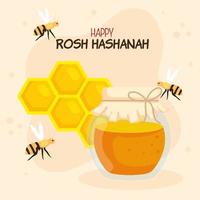 rosh hashanah firande, judiskt nytt år, med flaskhonung, bikaka och bin som flyger vektor