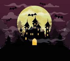 Fröhlicher Halloween-Hintergrund mit Schloss spuken, fliegende Fledermäuse, Vollmond in dunkler Nacht vektor