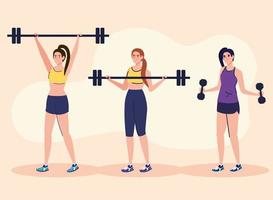 kvinnor gör övningar med vikt bar utomhus, sport rekreation koncept vektor
