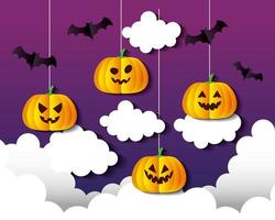Happy Halloween-Banner, mit hängenden Kürbissen, Wolken und Fledermäusen, die im Scherenschnitt-Stil fliegen vektor