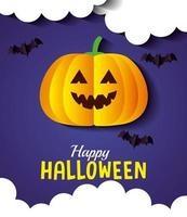Happy Halloween-Banner, mit Kürbis, Wolken und Fledermäusen, die im Scherenschnitt-Stil fliegen vektor