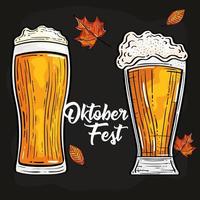 oktoberfestfest mit gläsern bier und herbstlaub vektor