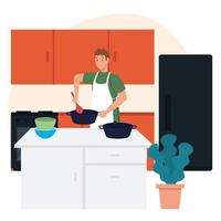 Mann kocht mit Schürze in Szeneküche mit Schubladen, Kühlschrank und Zubehör vektor