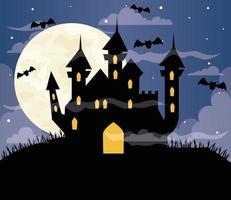 Fröhlicher Halloween-Hintergrund mit Schloss spuken, fliegenden Fledermäusen und Vollmond vektor