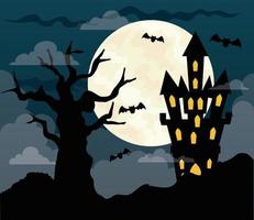 Fröhlicher Halloween-Hintergrund mit heimgesuchtem Schloss, trockenem Baum und Vollmond in dunkler Nacht vektor