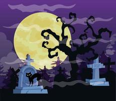 Fröhlicher Halloween-Hintergrund mit trockenem Baum, Katze, Grabsteinfriedhof und Vollmond vektor