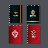 företagsidentitet varumärke mockup, anteckningsböcker av rött och svart mockup med vitt tecken vektor