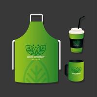 företagsidentitet varumärke mockup, förkläde och flaskor dricker grön mockup, grönt företagsskylt vektor