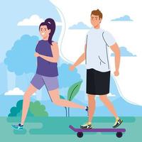 par som utför fritidsaktiviteter utomhus, kvinnaspring och man i skateboard vektor