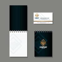 Corporate Identity Markenmodell, Notebooks und Visitenkarte, schwarzes Modell mit goldenem Schild vektor