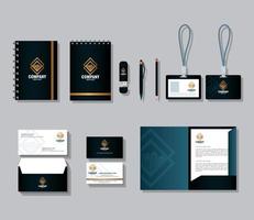 Corporate Identity Markenmodell, Geschäftsbriefpapier, schwarzes Modell mit goldenem Schild vektor