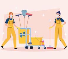 Reinigungsservice für Hausmeisterteams, Reinigungskräfte in Uniform, die mit professioneller Reinigungsausrüstung arbeiten vektor