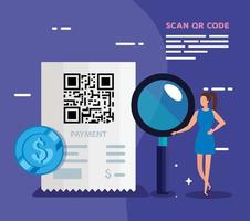 QR-Code mit Geschäftsfrau und Symbolen scannen vektor