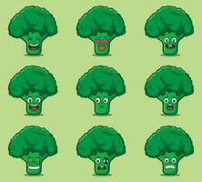 süß und kawaii Brokkoli Charakter Emoticon Ausdruck Illustration einstellen vektor