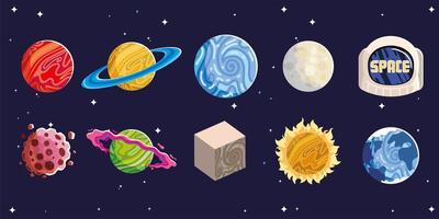 rymdplaneter, sol, måne, hjälm asteroid, astronomi galax ikoner vektor