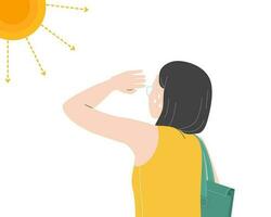 en flicka med värmeslag. har solsting i sommar varm väder, innehav hand på huvud. platt vektor illustration.