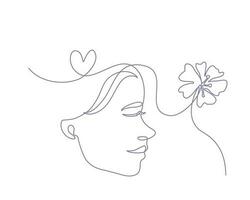 kontinuerlig linje konst av en Lycklig kvinna med en blomma och hjärta form symbol, linjekonst vektor illustration.