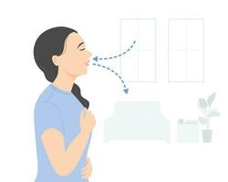 sida se av avslappnad kvinna djup andas övning på Hem, mental hälsa begrepp. platt vektor illustration.