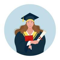 Porträt von ein Student, Absolvent im ein stilisiert akademisch Deckel und Kleid. Vektor Illustration.