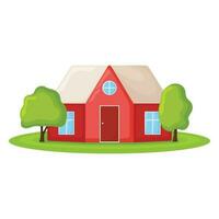 süß rot Land Haus mit Baum, Sommer- Hütte Gebäude auf Grün Feld modern Karikatur Vektor Illustration, isoliert auf Weiß.