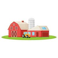 Land hus med röd ladugård, jordbrukare traktor och spannmålsmagasin byggnad på grön bruka fält komplott tecknad serie vektor illustration, isolerat på vit.