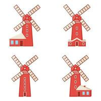 einstellen von Konzept Land Haus rot Mühle Gebäude, modern Bauernhof Scheune auf Grün Bauernhof Feld Handlung Karikatur Vektor Illustration, isoliert auf Weiß.