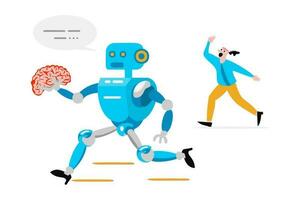konzeptionelle surreal Illustration von Roboter ai, künstlich intelligent, nehmen Über Mensch Leben, arbeiten, und Intellekt. das Zukunft Über Herausforderungen nutzen Technologie. Roboter tragen Weg das Mensch Gehirn. vektor