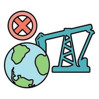 halt verwenden Fass Öl Industrie, Welt Öl Verschmutzung durch Petroleum Konzept Symbol, Grün Öko Erde Karikatur eben Vektor Illustration, isoliert auf schwarz.