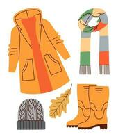 Herbst Kleidung. beiläufig trägt, draussen Outfits, regnerisch Jahreszeit Zubehör, Schuhe, Regenmäntel, Hut, Schal und Orange Blatt, Vektor Karikatur eben Satz.