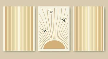 Beige Sonne mit Vögel Sommer- ästhetisch Illustration Poster einstellen vektor