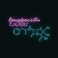 Benzylpenicillin Antibiotikum chemisch Formel, Komposition, Konzept strukturell Arzneimittel, isoliert auf schwarz Hintergrund, Neon- Stil Vektor Illustration.