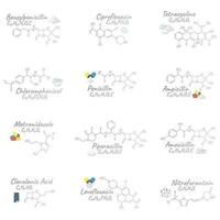 uppsättning av antibiotikum kemisk formel och sammansättning, begrepp strukturell medicinsk läkemedel, isolerat på vit bakgrund, vektor illustration.