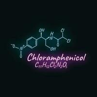 Chloramphenicol Antibiotikum chemisch Formel und Komposition Konzept strukturell Arzneimittel, isoliert auf schwarz Hintergrund, Neon- Stil Vektor Illustration.