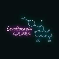 Levofloxacin Antibiotikum chemisch Formel und Komposition, Konzept strukturell Arzneimittel, isoliert auf schwarz Hintergrund, Neon- Stil Vektor Illustration.