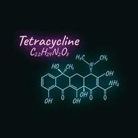 tetracyklin antibiotikum kemisk formel och sammansättning, begrepp strukturell läkemedel, isolerat på svart bakgrund, neon stil vektor illustration.