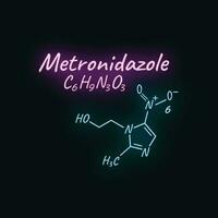 Metronidazol Antibiotikum chemisch Formel und Komposition, Konzept strukturell Arzneimittel, isoliert auf schwarz Hintergrund, Neon- Stil Vektor Illustration.