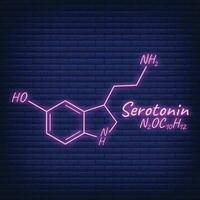 Mensch Hormon Serotonin periodisch Element Konzept chemisch Skelett- Formel Symbol Etikett, Text Schriftart Neon- glühen Vektor Illustration, isoliert auf schwarz.