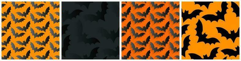 4 nahtlos Muster von schwarz und Gradient fliegend Fledermäuse mit Schatten zum Perspektive auf Orange und schwarz Hintergründe. schwarz Fledermäuse auf dunkel. bunt Halloween Muster Sammlung. Vektor Illustration.
