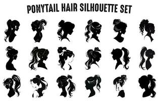 hästsvans hår silhuetter vektor uppsättning, flickans frisyrer silhuetter, kvinnors hår silhuett samling, hår svart silhuetter illustration