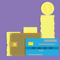 pengar begrepp kreditera kort, plånbok och mynt. vektor illustration
