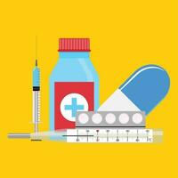 Behandlung von Grippe Injektionen und Pillen. medizinisch Behandlung, Medizin Impfung. Vektor Illustration