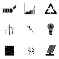 alternativ energi ikoner svart silhuett. sparande pengar och ekologisk batteri, illustration av förnybar elektricitet vektor