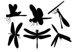 Libelle schwarz Silhouetten Satz. Symbole Insekt fliegend im verschiedene Posen. Vektor Illustration isoliert auf Weiß Hintergrund