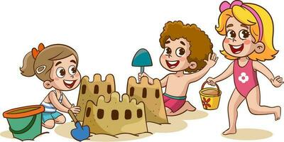 Kinder Herstellung Sand Schloss beim das Strand vektor