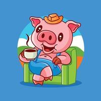 tecknad söt gris sitter på soffan njuter av varmt kaffe på natur bakgrund vektor