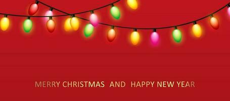 jul röd bakgrund med dekoration runda ringa från glas ljus krans. glad jul hälsning kort. Lycklig ny år. festlig ljus design. xmas Semester affisch. vektor